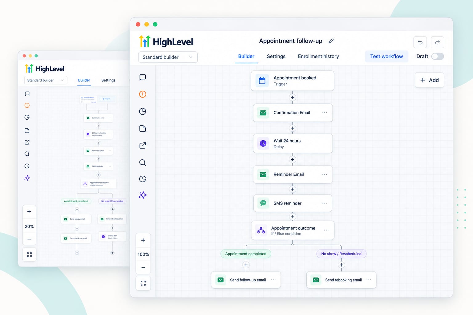 Illustration based on HighLevel workflow screens showing appointment confirmation, reminders, and follow-up branches
