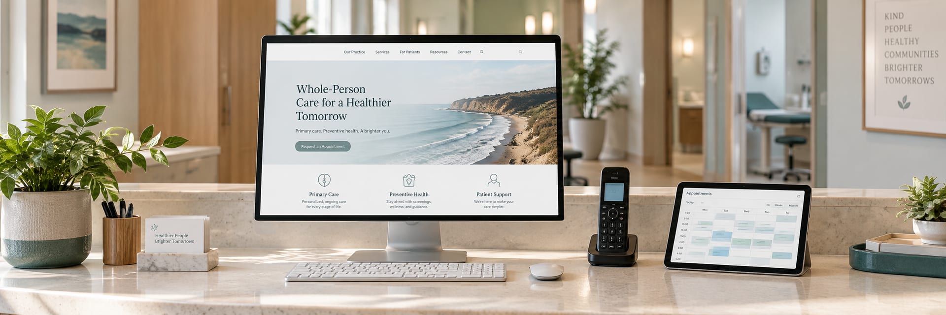 A medical practice reception desk with a website, phone, and appointment calendar