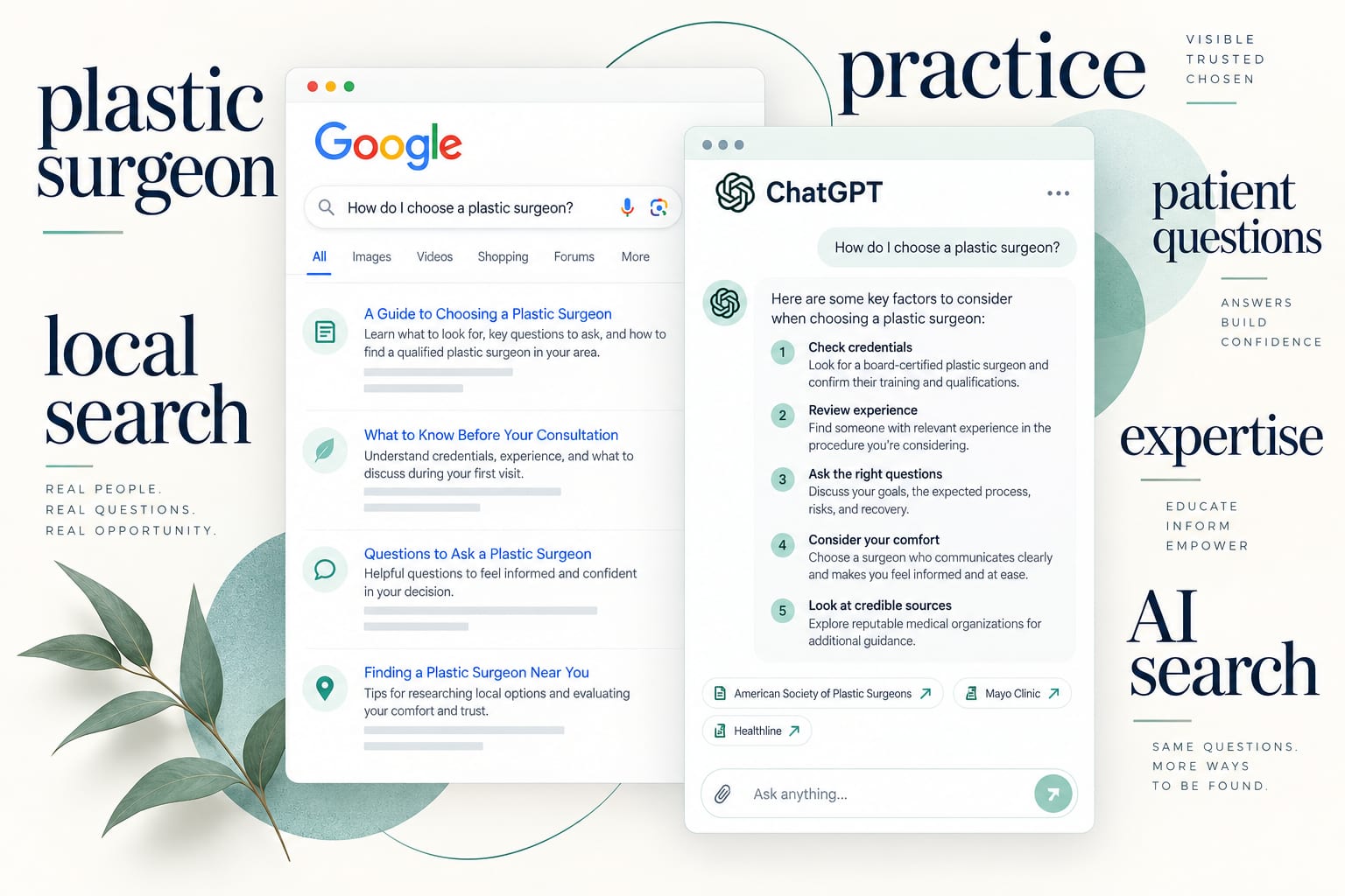Illustrative Google and ChatGPT search windows surrounded by local SEO and patient search terms