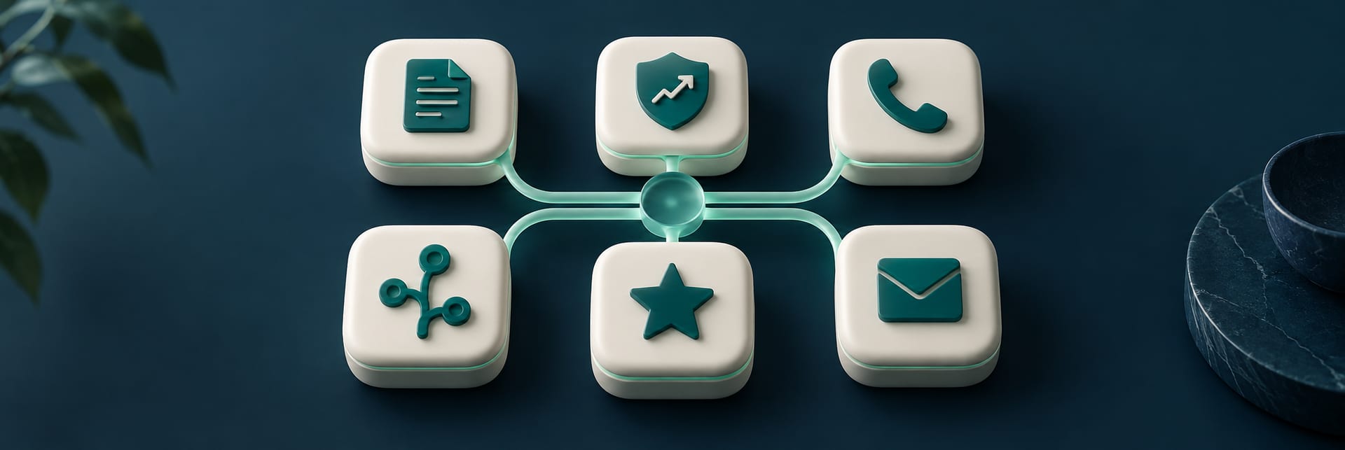 Six connected modules representing content, rank protection, reception, patient pathways, reviews, and email