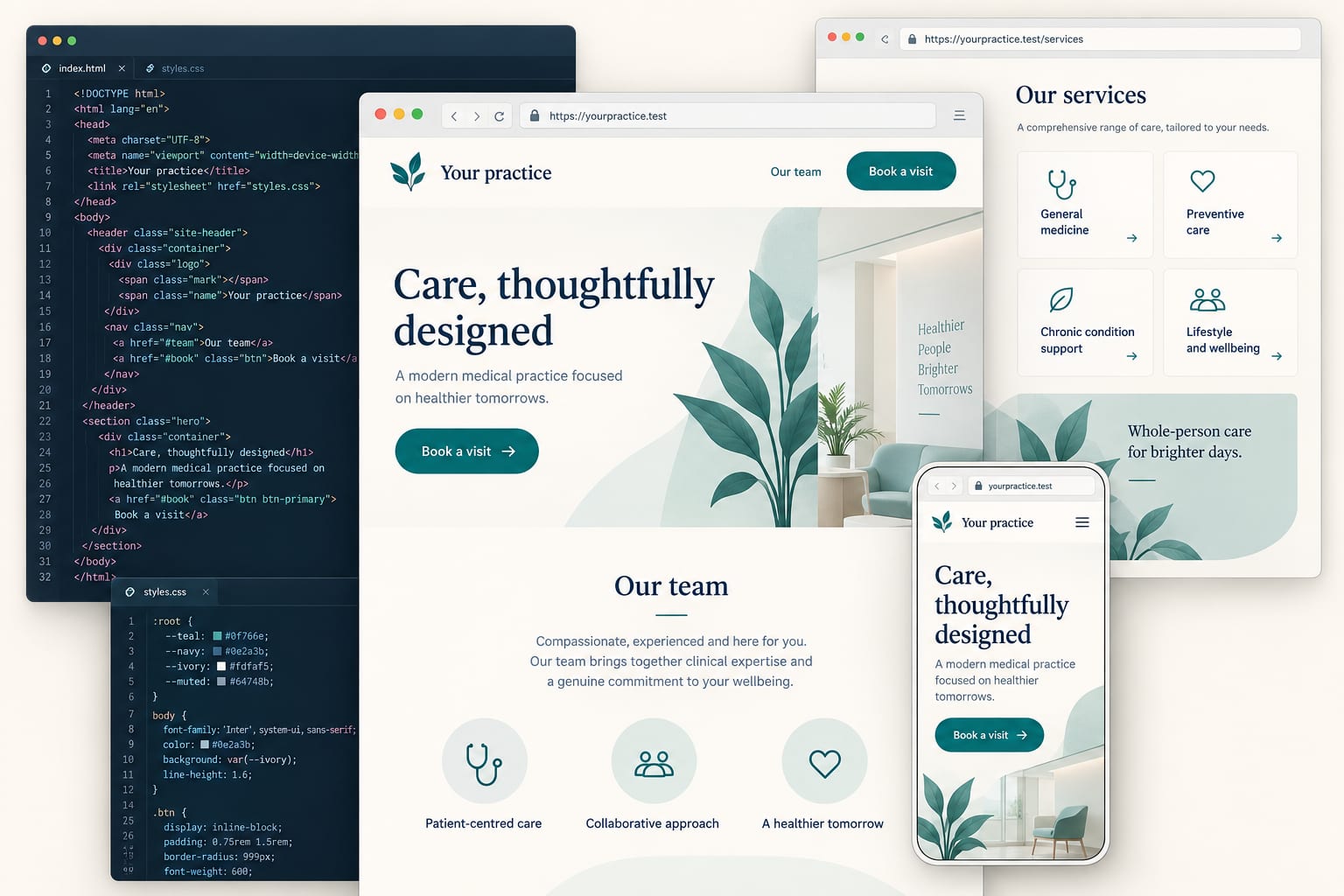 Illustration of a code editor alongside desktop and mobile medical website previews